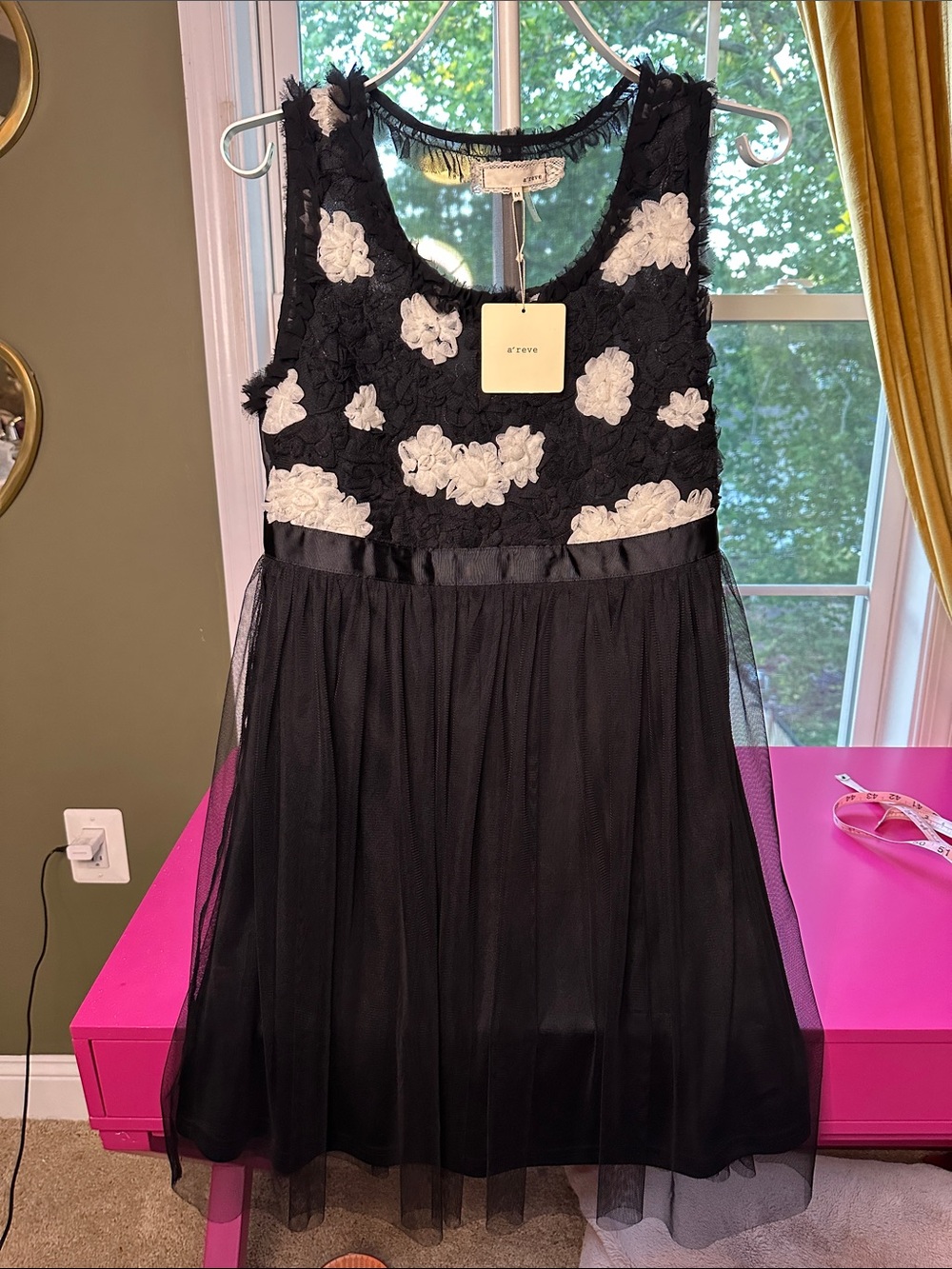 A'Reve Black Dress with White Floral Appliqué